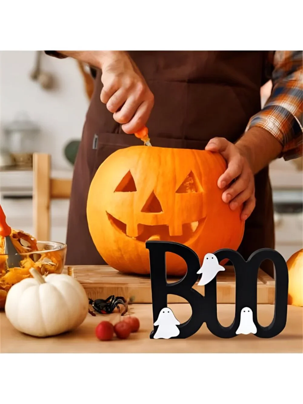 Wooden BOO Sign Halloween Table Decorations Cute Ghost Decor Indoor